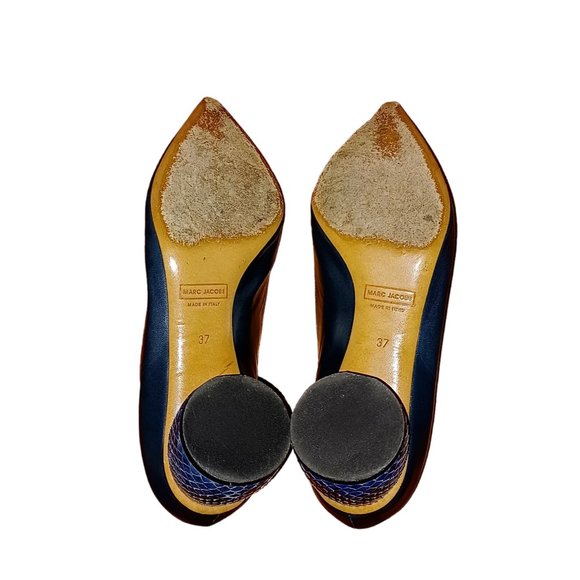 Marc Jacobs Size 37 Navy Blue Leather Point Toe Snake Skin Round Chunky Heel - Picture 3 of 7